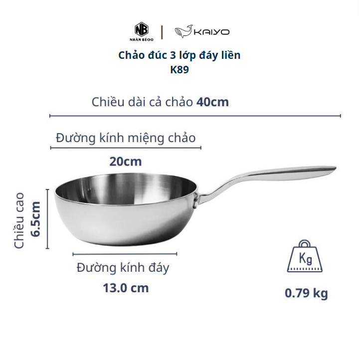 Chảo đúc inox 3 lớp đáy liền Tri-Ply Kaiyo sz 12cm