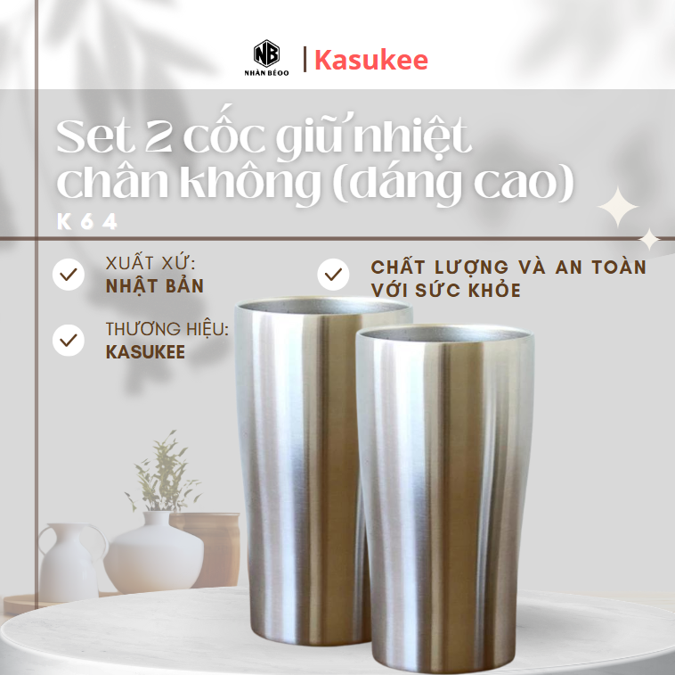 Set 2 Cốc giữ nhiệt chân không 2 lớp inox 304 Kakusee ( 490ml dáng cao)