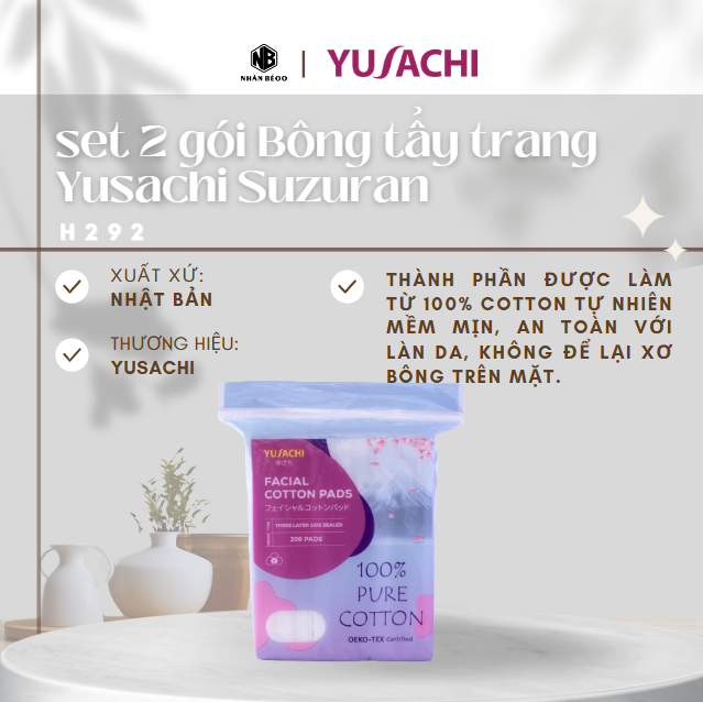 set 2 gói Bông tẩy trang Yusachi Suzuran cao cấp chất lượng Nhật Bản 100% Cotton 200 miếng - H292