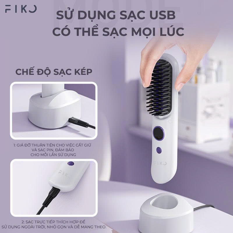 Lược điện không dây ion âm FIKO EC01 - Tặng dock sạc không dây