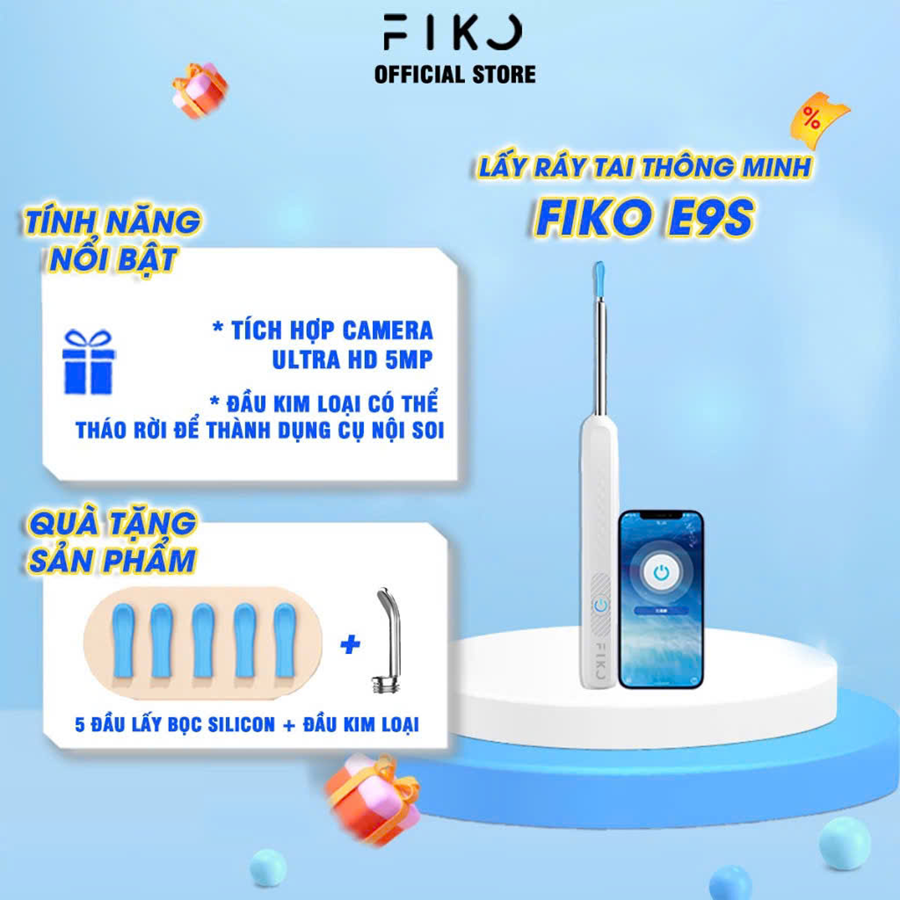 Dụng cụ lấy ráy tai có camera đầu kim loại bọc silicon FIKO E9S - Tặng 1 đầu kim loại, 5 đầu bọc silicon