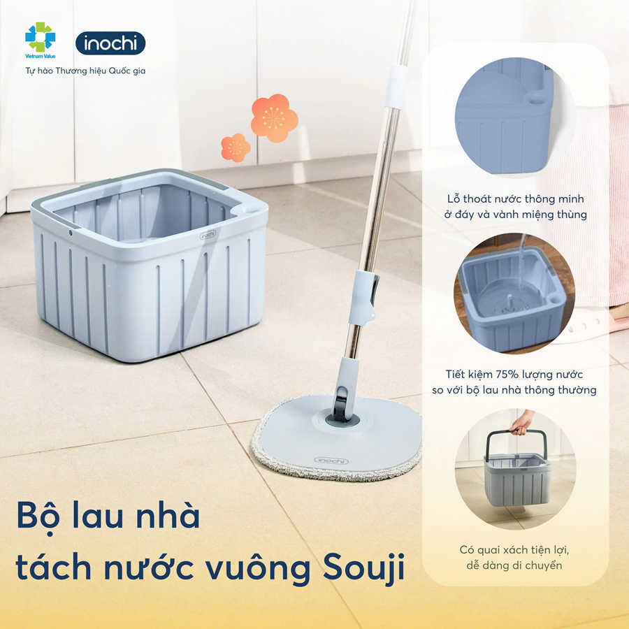 Bộ cây lau nhà tách nước vuông Souji